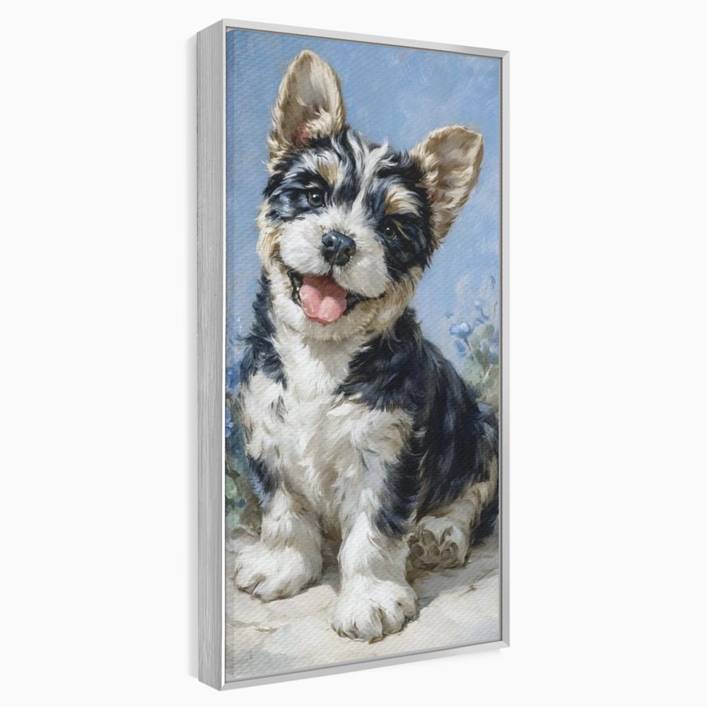 Tablou canvas cu tablou canvas cu catelus pufos, in rama de aluminiu argintiu